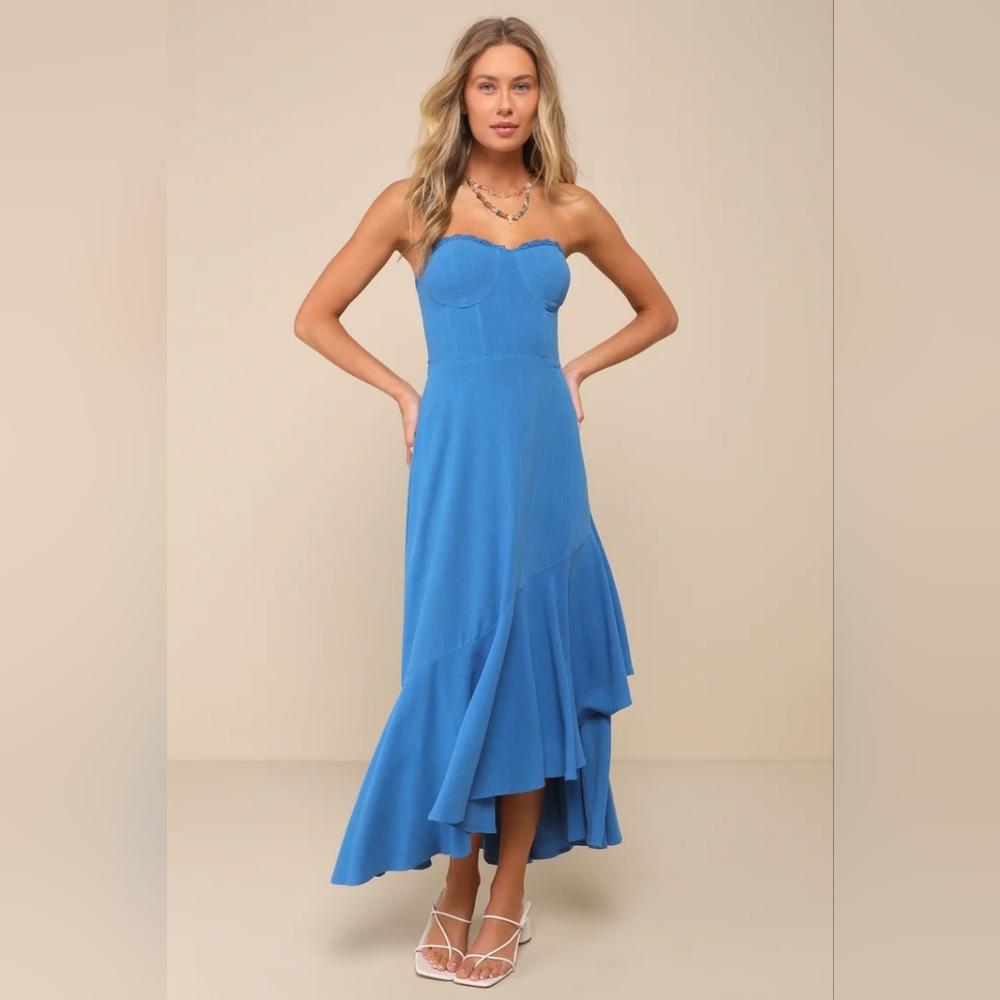 NWT Gorgeous Event Blue Linen Ruffled Strapless Bustier Midi Dress